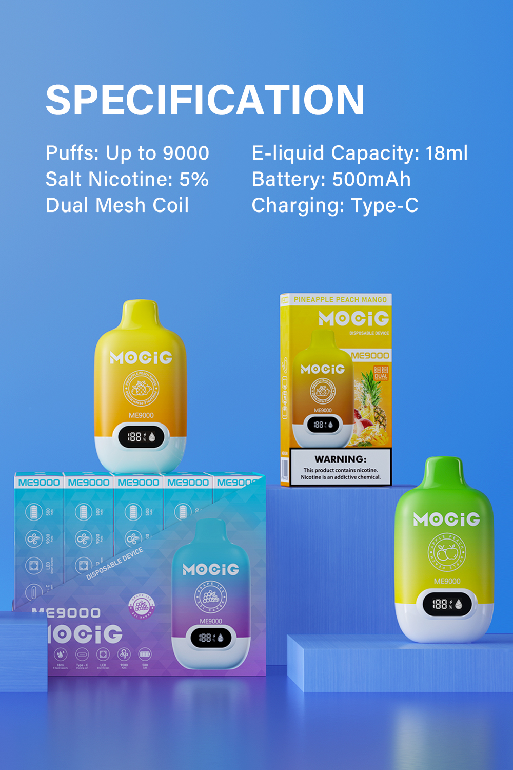 ME9000 - Mocig Disposable Vape Smart LED Screen 9000 Puffs 18ml E-liqiud Capacity Nicotine 0% 2% 5% Electronic Cigarette