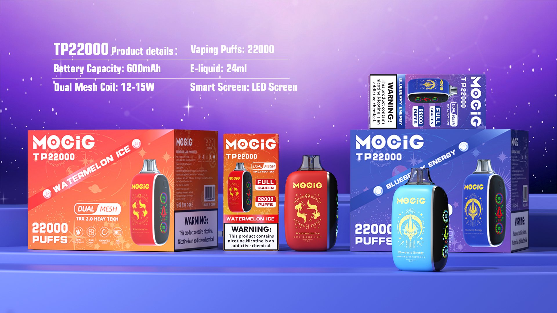 Mocig Disposable Vape TP22000 Big Smart LED Screen 22000 Puffs 24ml E-liqiud Capacity Nicotine 0% 2% 5% Electronic cigarette