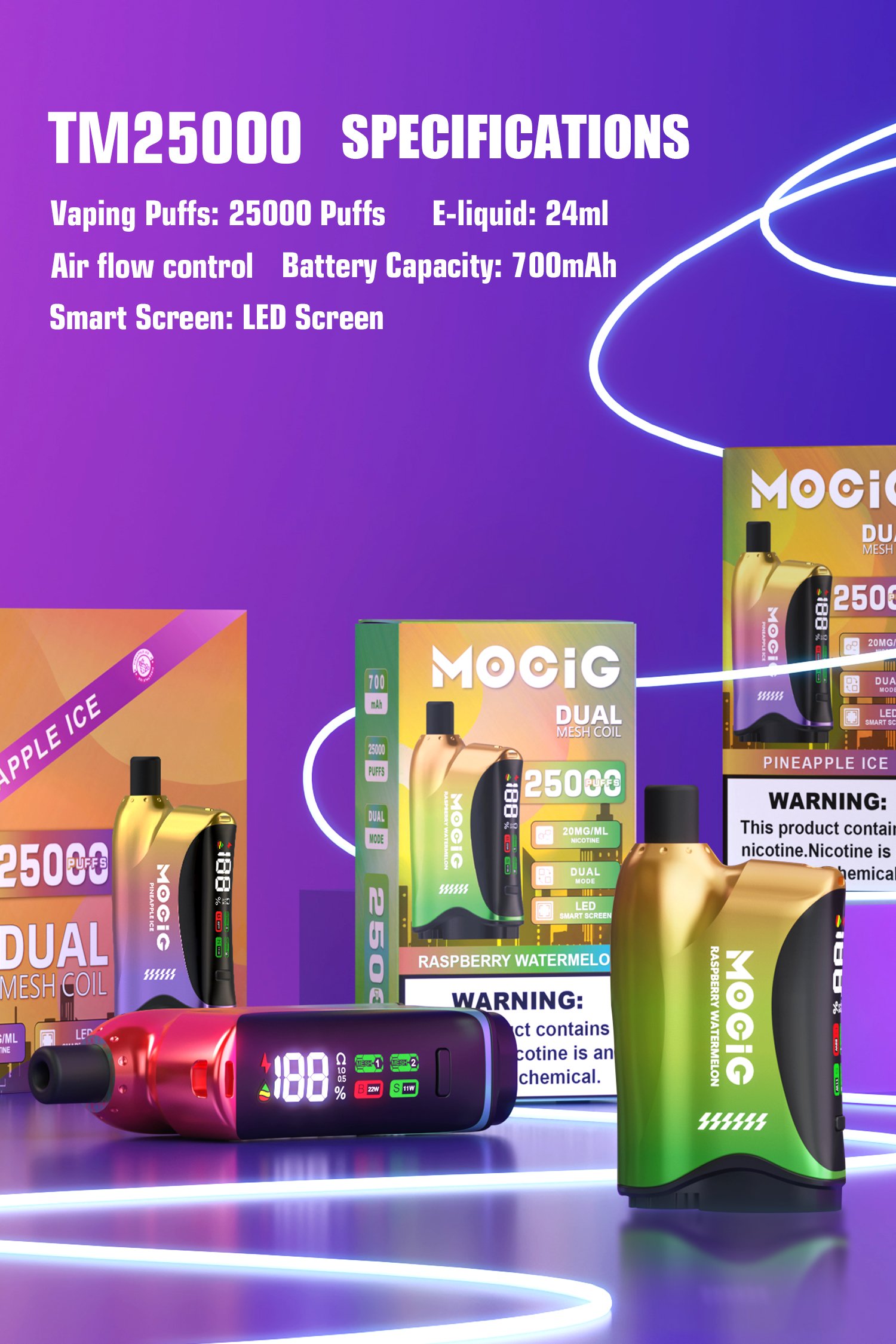 Mocig Disposable Vape TM25000 Big Smart LED Screen 25000 Puffs E-liqiud Capacity Nicotine 0% 2% 5% Electronic cigarette