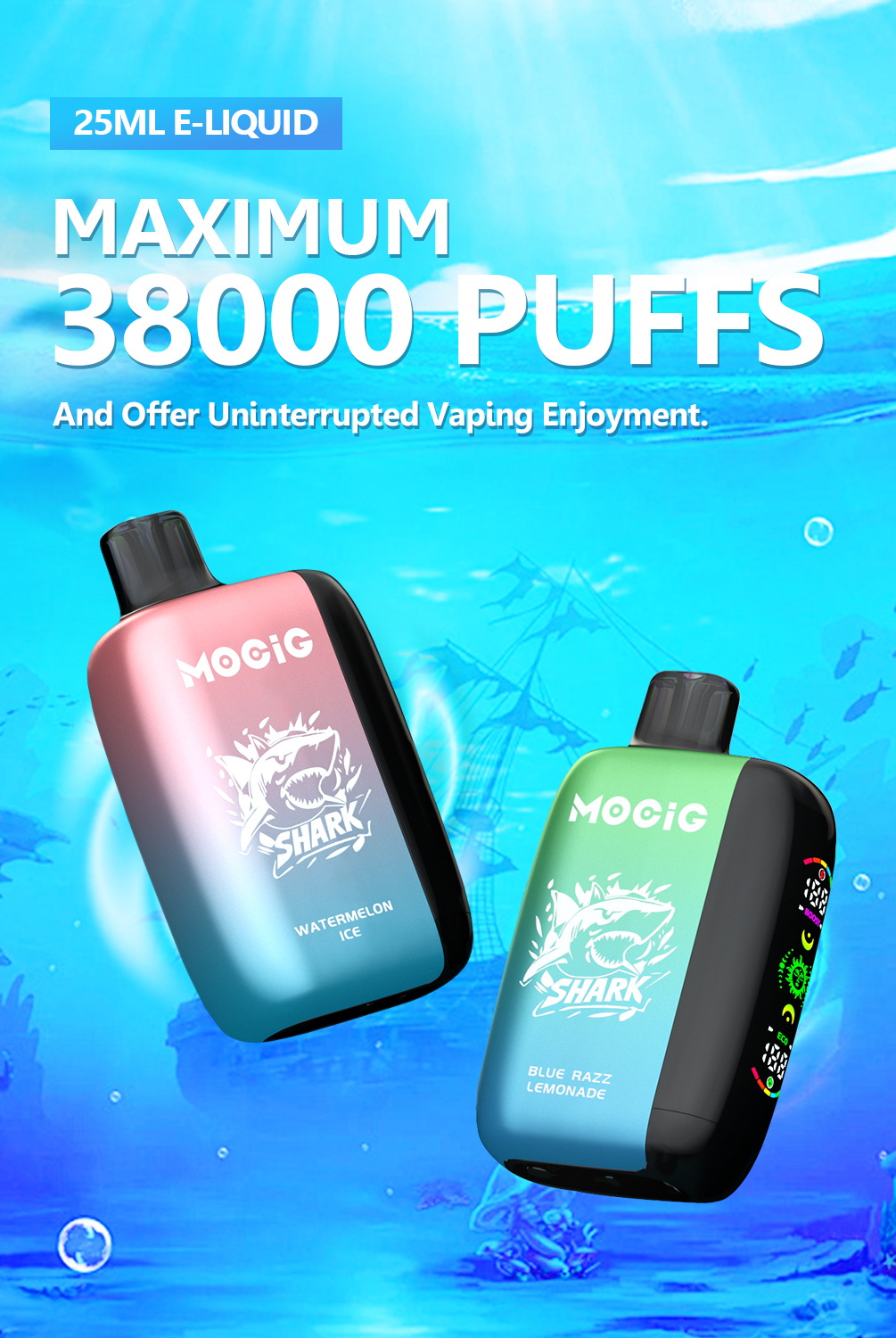Mocig Disposable Vape SHARK 28000 Big Smart LED Screen 38000 Puffs 25ml E-liqiud Capacity Nicotine 0% 2% 5% Electronic cigarette