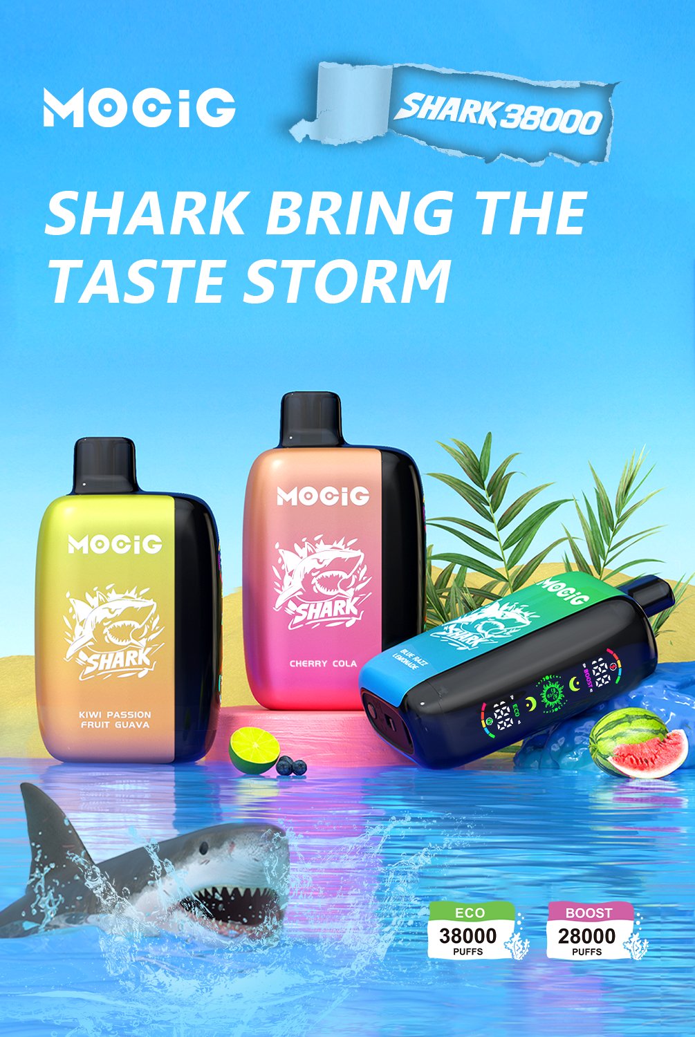 Mocig Disposable Vape SHARK 28000 Big Smart LED Screen 38000 Puffs 25ml E-liqiud Capacity Nicotine 0% 2% 5% Electronic cigarette