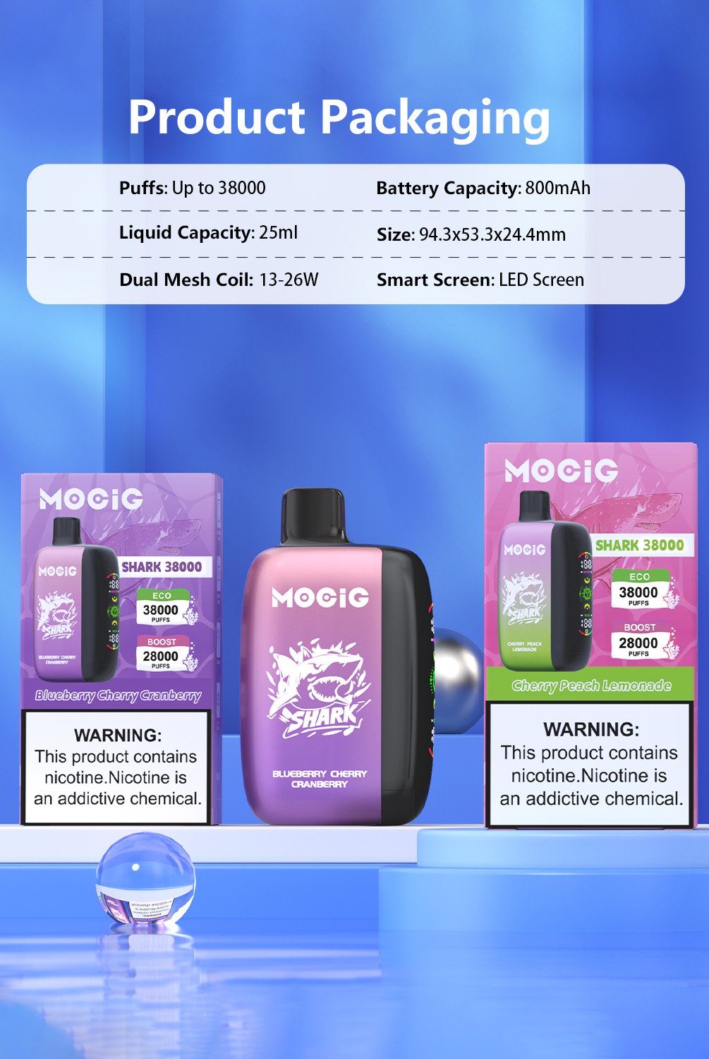 Mocig Disposable Vape SHARK 28000 Big Smart LED Screen 38000 Puffs 25ml E-liqiud Capacity Nicotine 0% 2% 5% Electronic cigarette