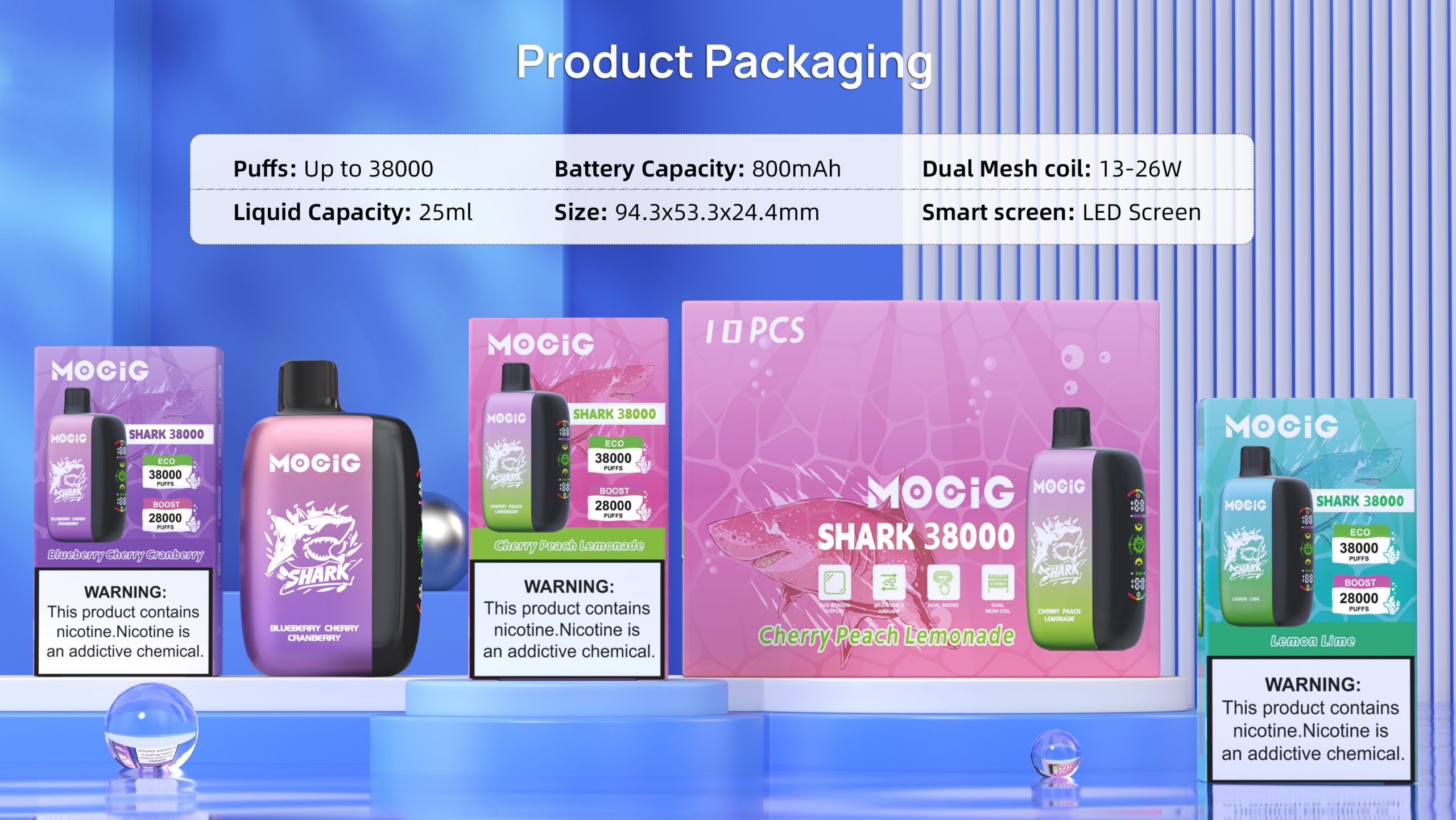 Mocig Disposable Vape SHARK 28000 Big Smart LED Screen 38000 Puffs 25ml E-liqiud Capacity Nicotine 0% 2% 5% Electronic cigarette