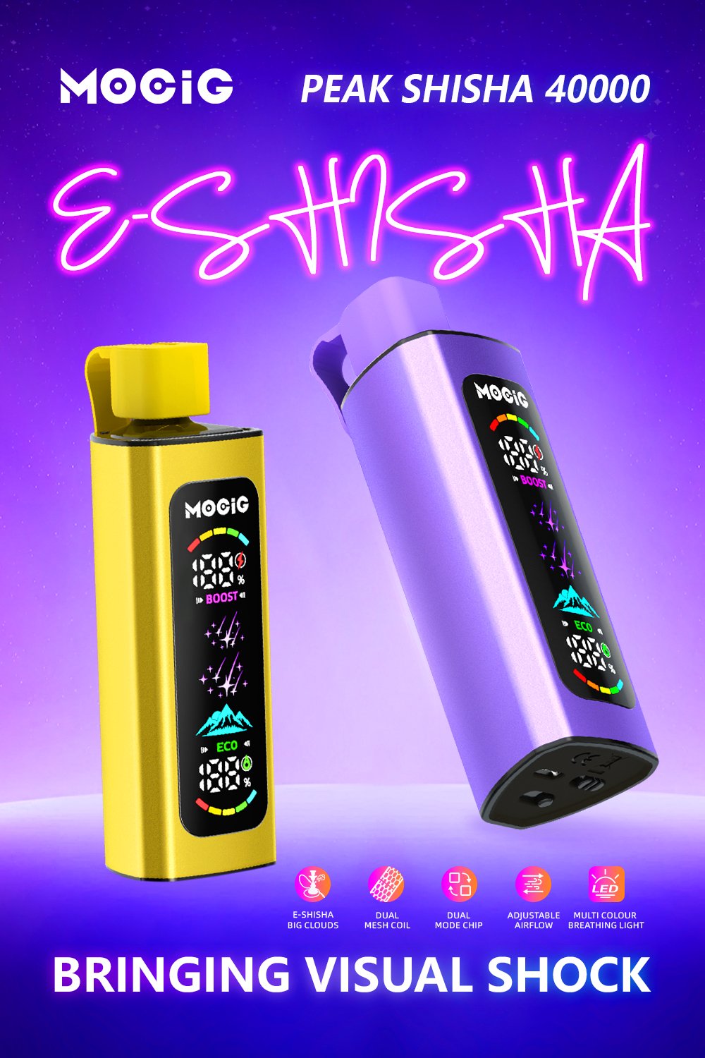 Mocig Disposable Vape PEAK DTL E-SHISHA Big Smart LED Screen 40K Puffs E-liqiud Capacity Nicotine 0% 2% 5% Electronic cigarette