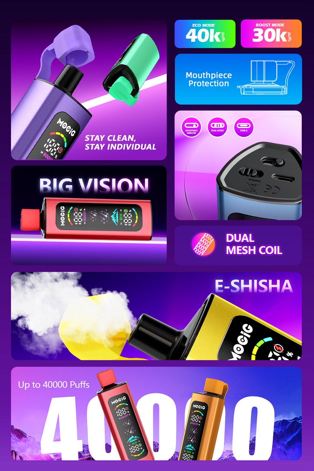 Mocig Disposable Vape PEAK DTL E-SHISHA Big Smart LED Screen 40K Puffs E-liqiud Capacity Nicotine 0% 2% 5% Electronic cigarette