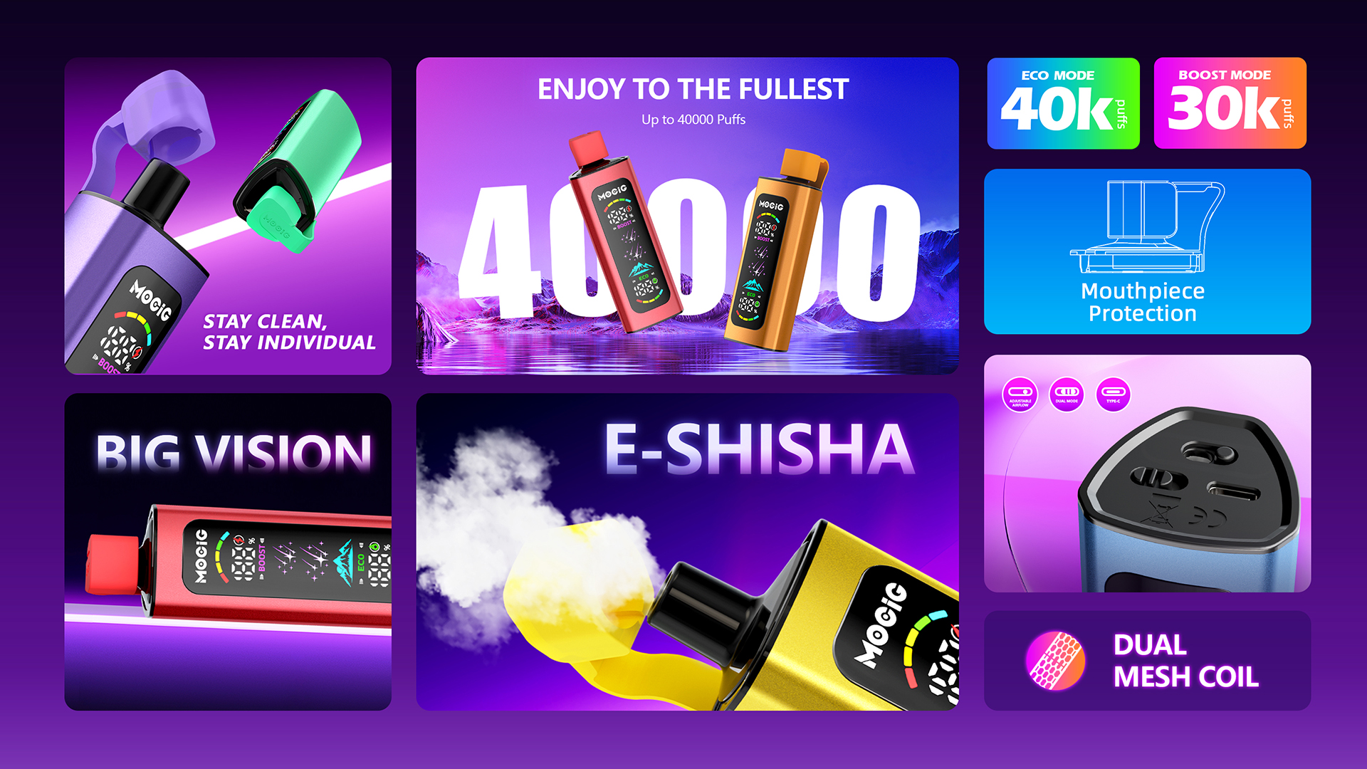 Mocig Disposable Vape PEAK DTL E-SHISHA Big Smart LED Screen 40K Puffs E-liqiud Capacity Nicotine 0% 2% 5% Electronic cigarette