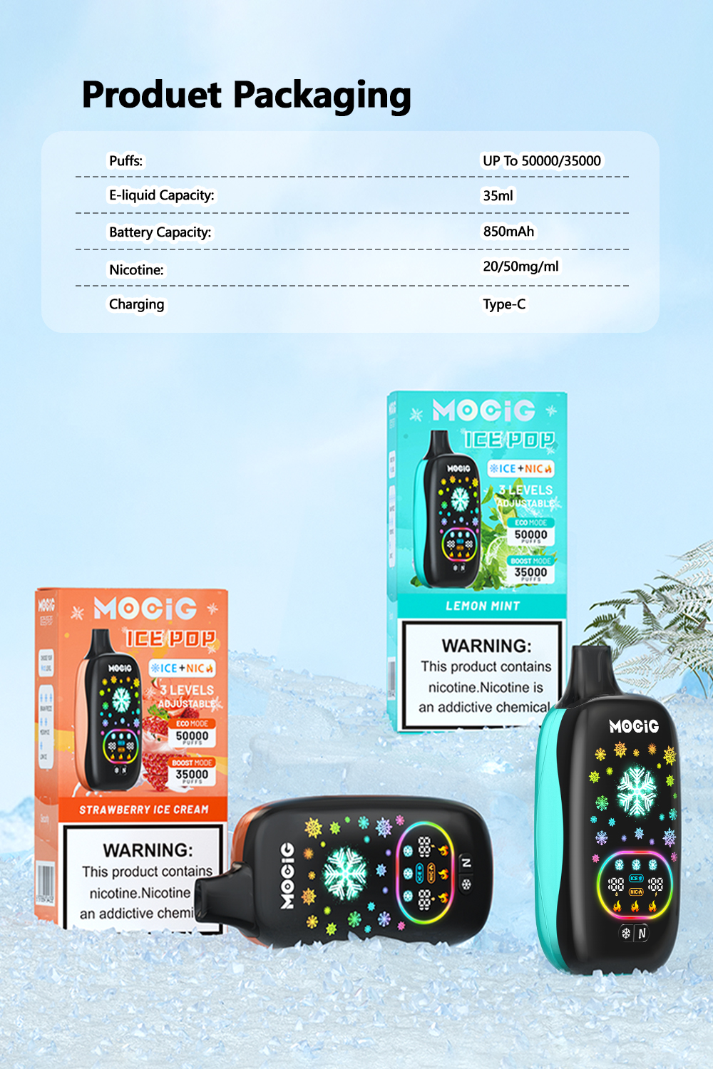 Mocig Disposable Vape ICE POP Adjustable Ice and Nicotine  Full Smart Screen 50K Puffs E-liqiud Capacity Nicotine 0% 2% 5% Electronic cigarette
