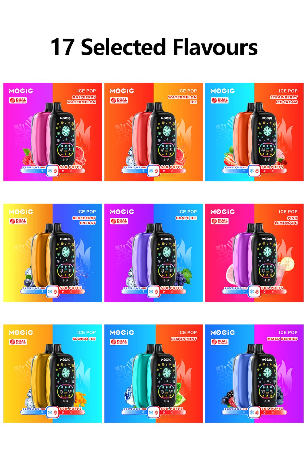 Mocig Disposable Vape ICE POP Adjustable Ice and Nicotine  Full Smart Screen 50K Puffs E-liqiud Capacity Nicotine 0% 2% 5% Electronic cigarette