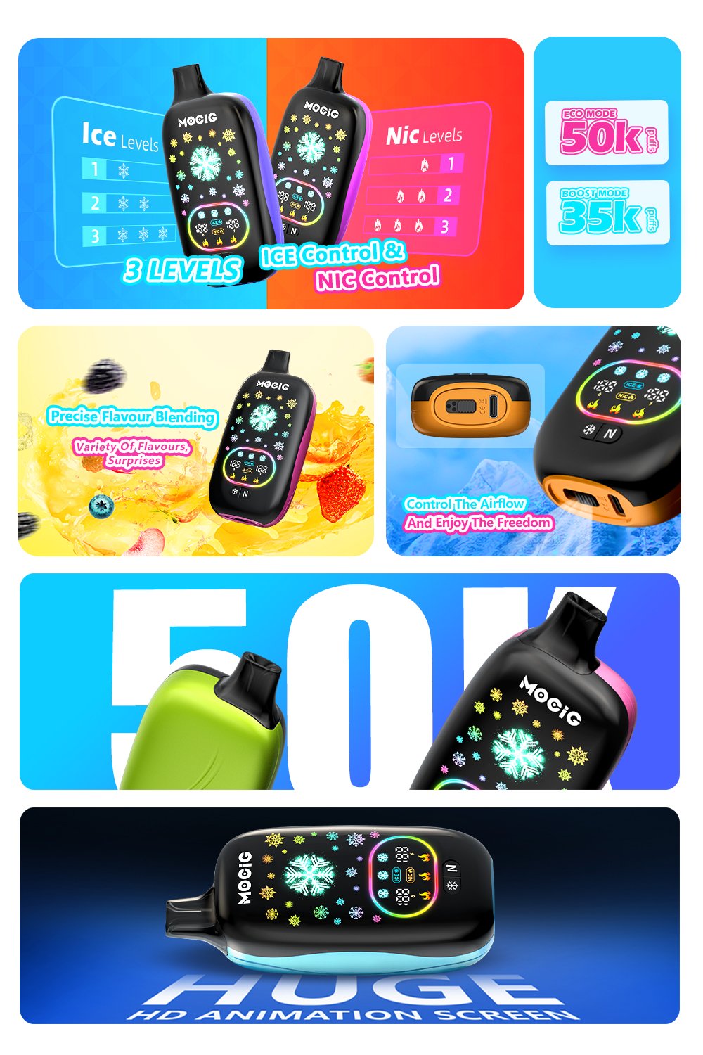 Mocig Disposable Vape ICE POP Adjustable Ice and Nicotine  Full Smart Screen 50K Puffs E-liqiud Capacity Nicotine 0% 2% 5% Electronic cigarette