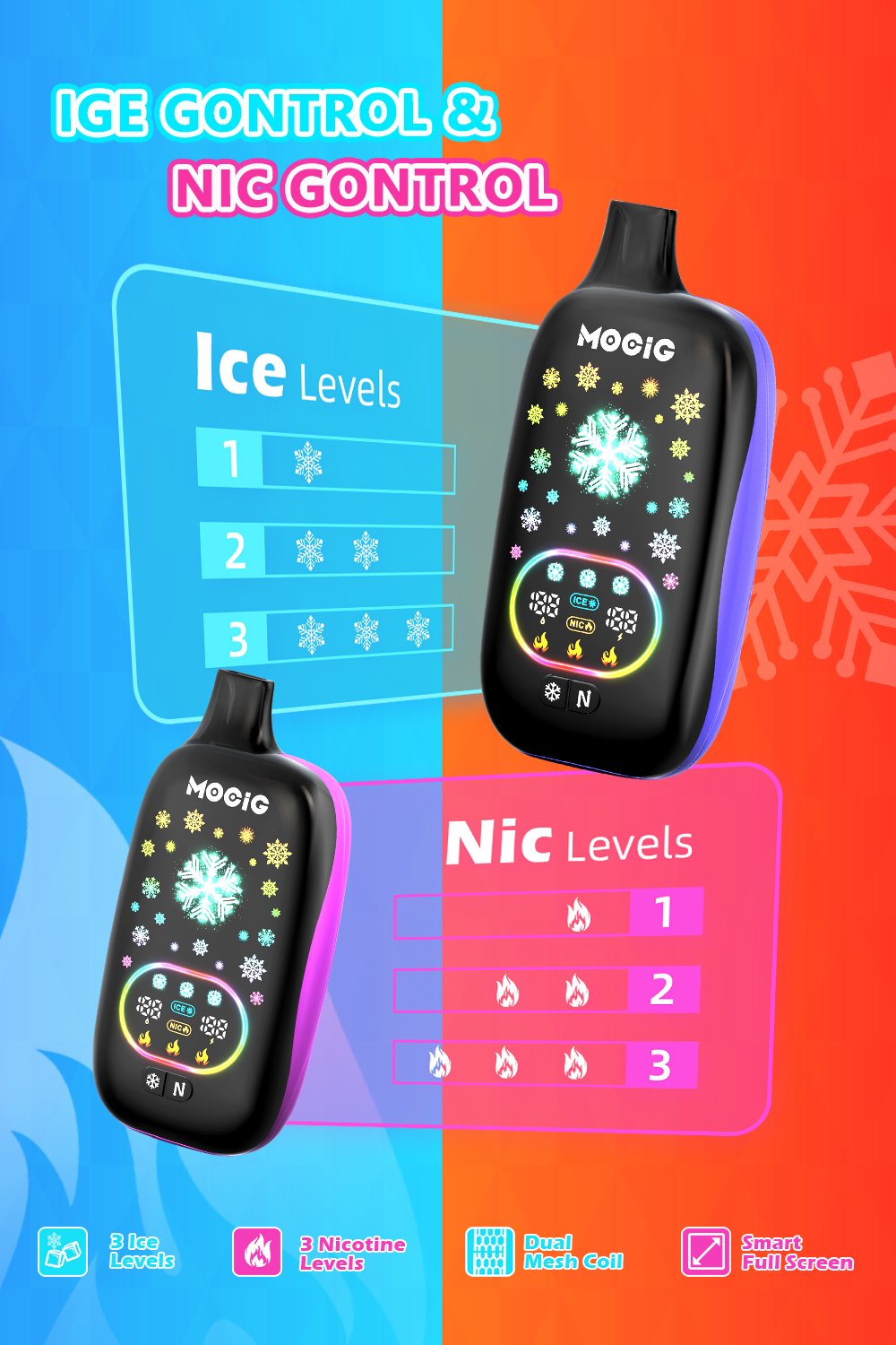 Mocig Disposable Vape ICE POP Adjustable Ice and Nicotine  Full Smart Screen 50K Puffs E-liqiud Capacity Nicotine 0% 2% 5% Electronic cigarette