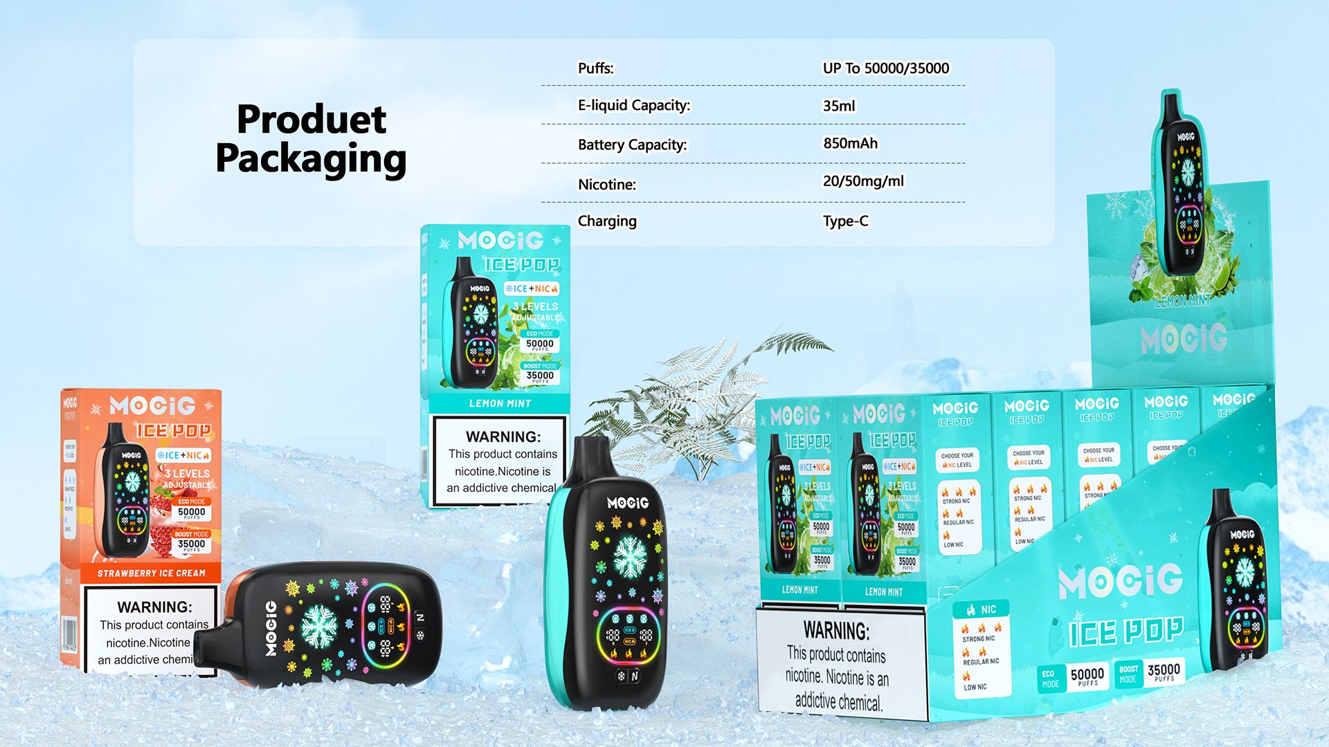 Mocig Disposable Vape ICE POP Adjustable Ice and Nicotine  Full Smart Screen 50K Puffs E-liqiud Capacity Nicotine 0% 2% 5% Electronic cigarette