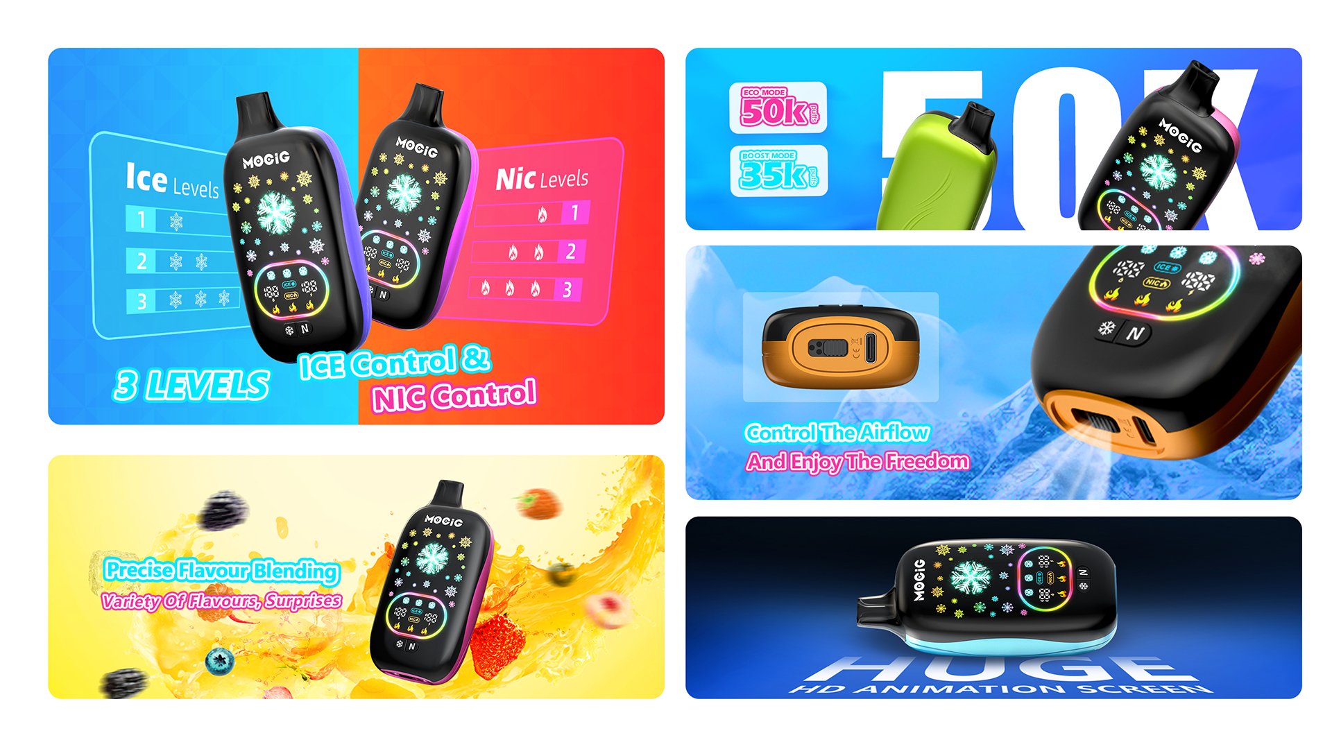 Mocig Disposable Vape ICE POP Adjustable Ice and Nicotine  Full Smart Screen 50K Puffs E-liqiud Capacity Nicotine 0% 2% 5% Electronic cigarette