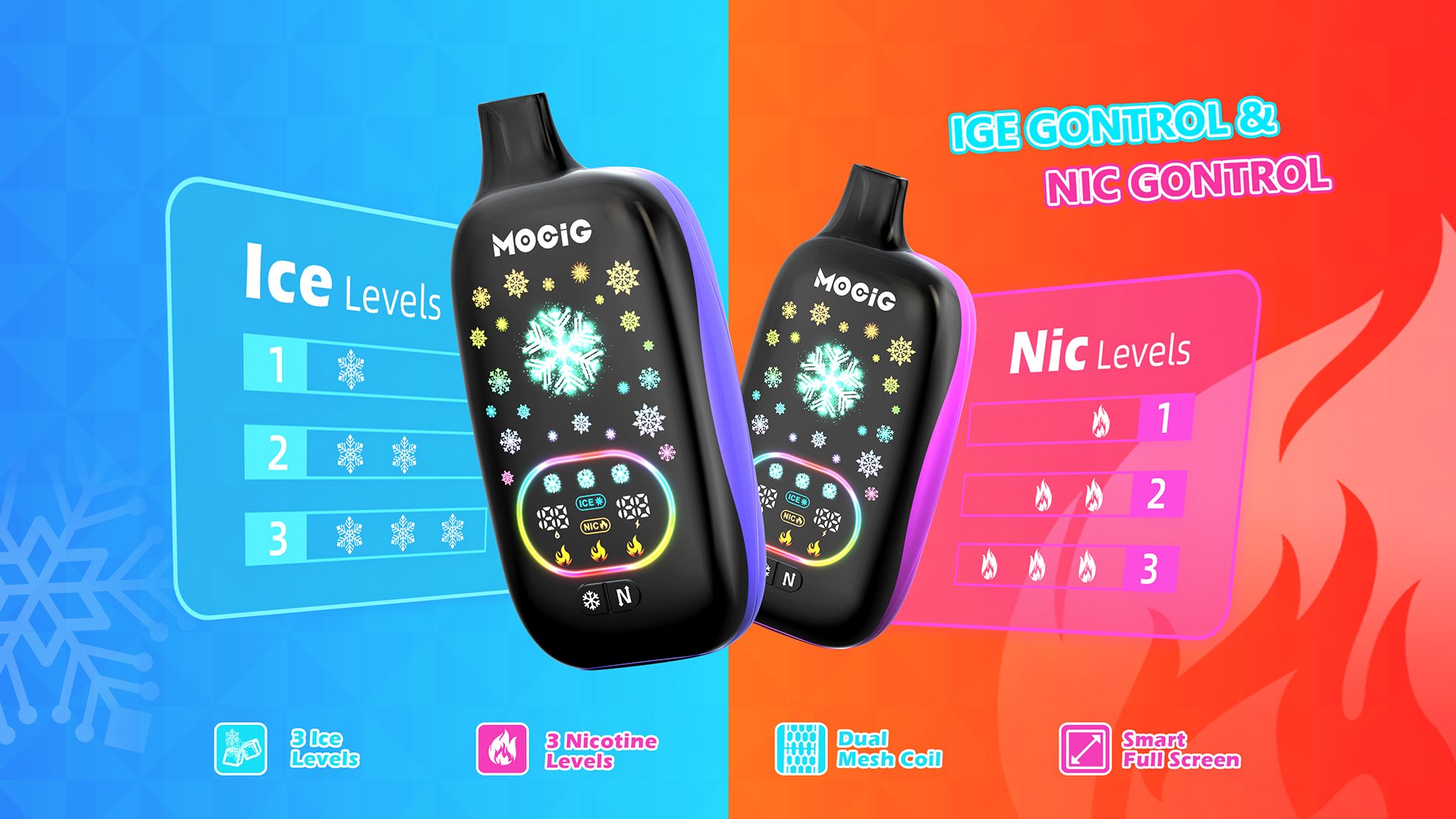 Mocig Disposable Vape ICE POP Adjustable Ice and Nicotine  Full Smart Screen 50K Puffs E-liqiud Capacity Nicotine 0% 2% 5% Electronic cigarette