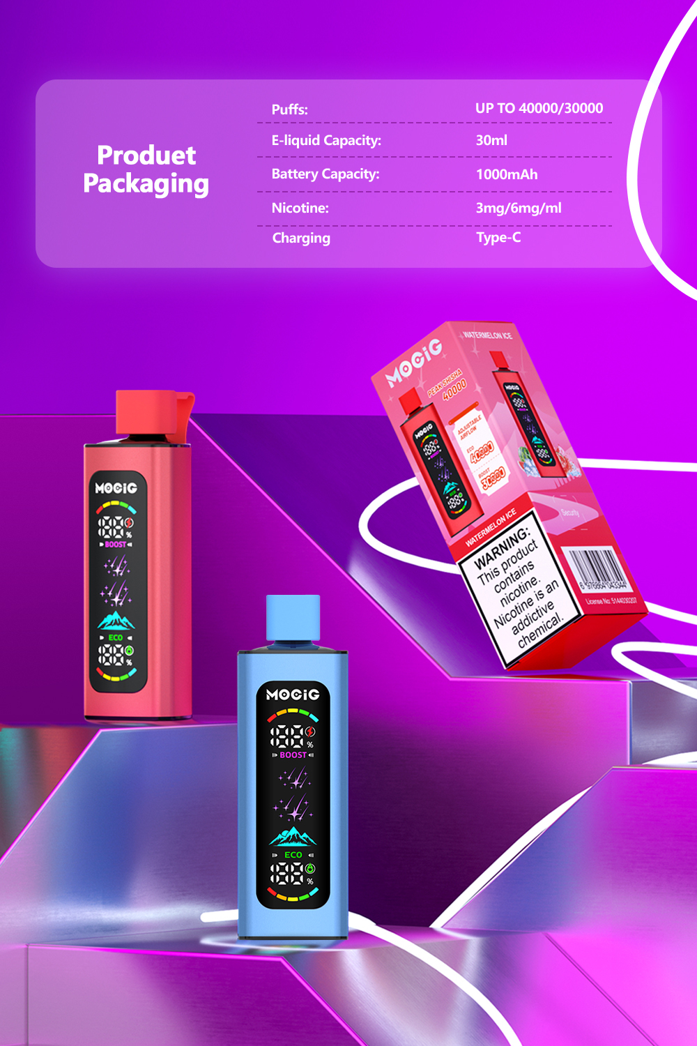 Mocig Disposable Vape PEAK DTL E-SHISHA Big Smart LED Screen 40K Puffs E-liqiud Capacity Nicotine 0% 2% 5% Electronic cigarette