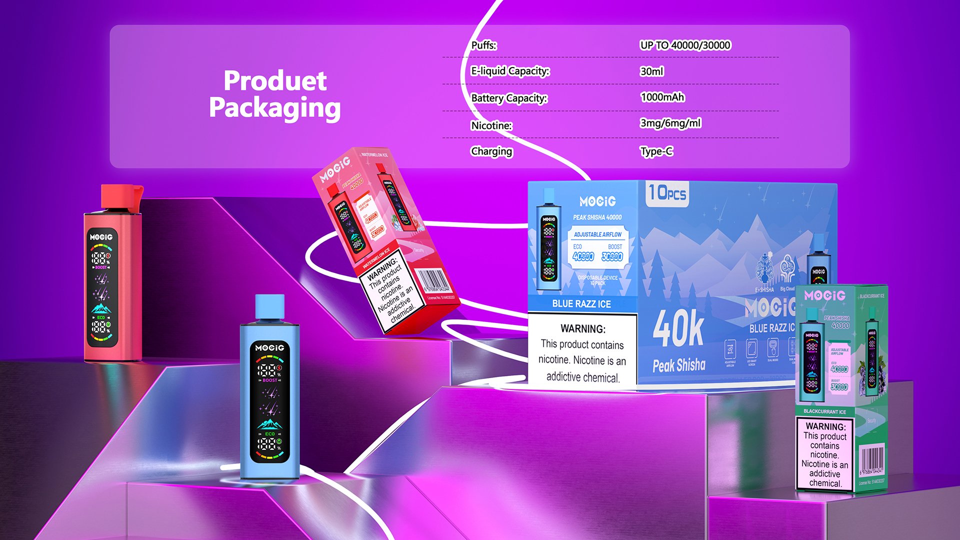 Mocig Disposable Vape PEAK DTL E-SHISHA Big Smart LED Screen 40K Puffs E-liqiud Capacity Nicotine 0% 2% 5% Electronic cigarette