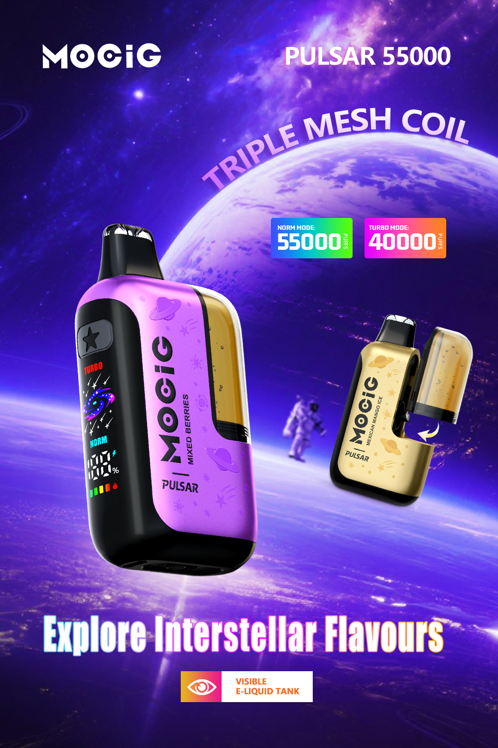 Mocig Disposable Vape Pulsar three Mesh Coil Visualized Tank Smart Screen 55K Puffs E-liqiud Capacity Nicotine 0% 2% 5% Electronic cigarette