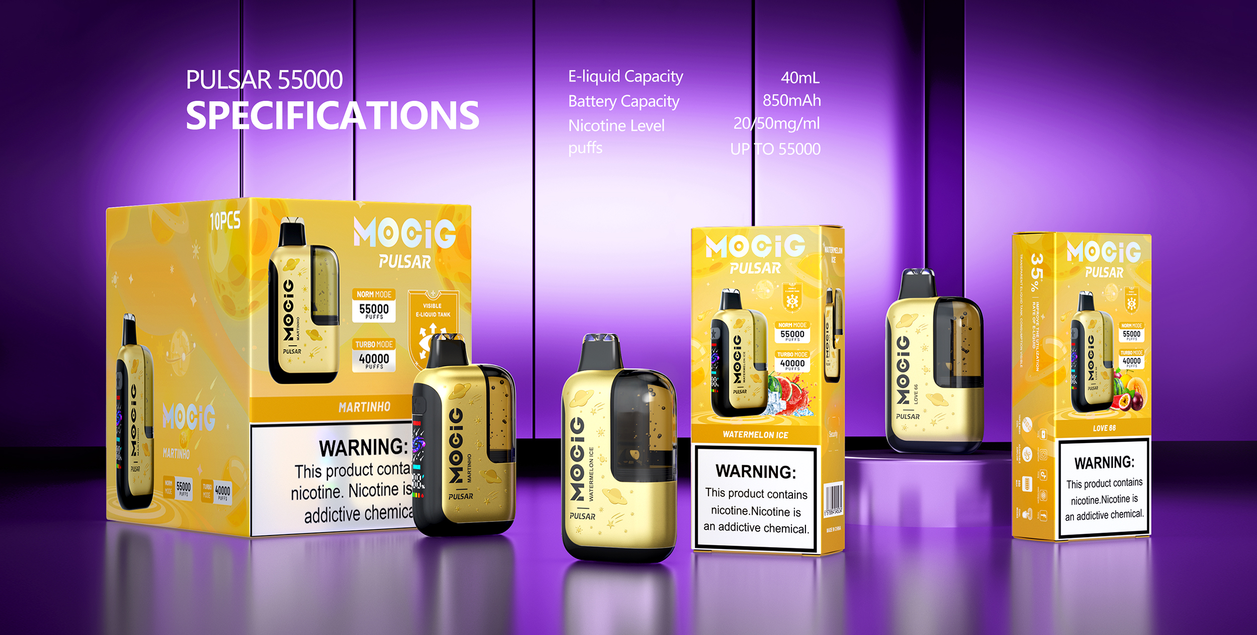 Mocig Disposable Vape Pulsar three Mesh Coil Visualized Tank Smart Screen 55K Puffs E-liqiud Capacity Nicotine 0% 2% 5% Electronic cigarette