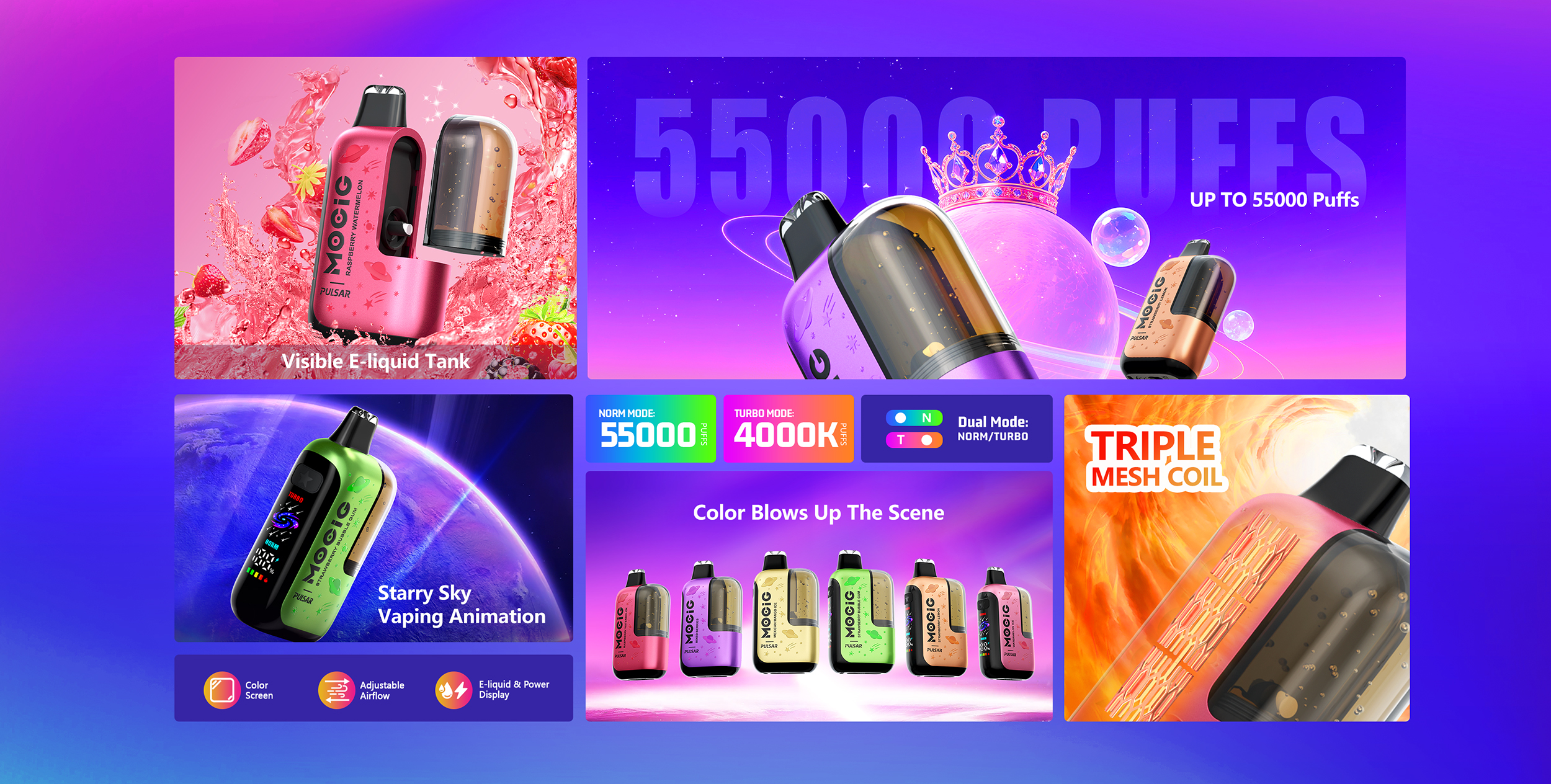 Mocig Disposable Vape Pulsar three Mesh Coil Visualized Tank Smart Screen 55K Puffs E-liqiud Capacity Nicotine 0% 2% 5% Electronic cigarette