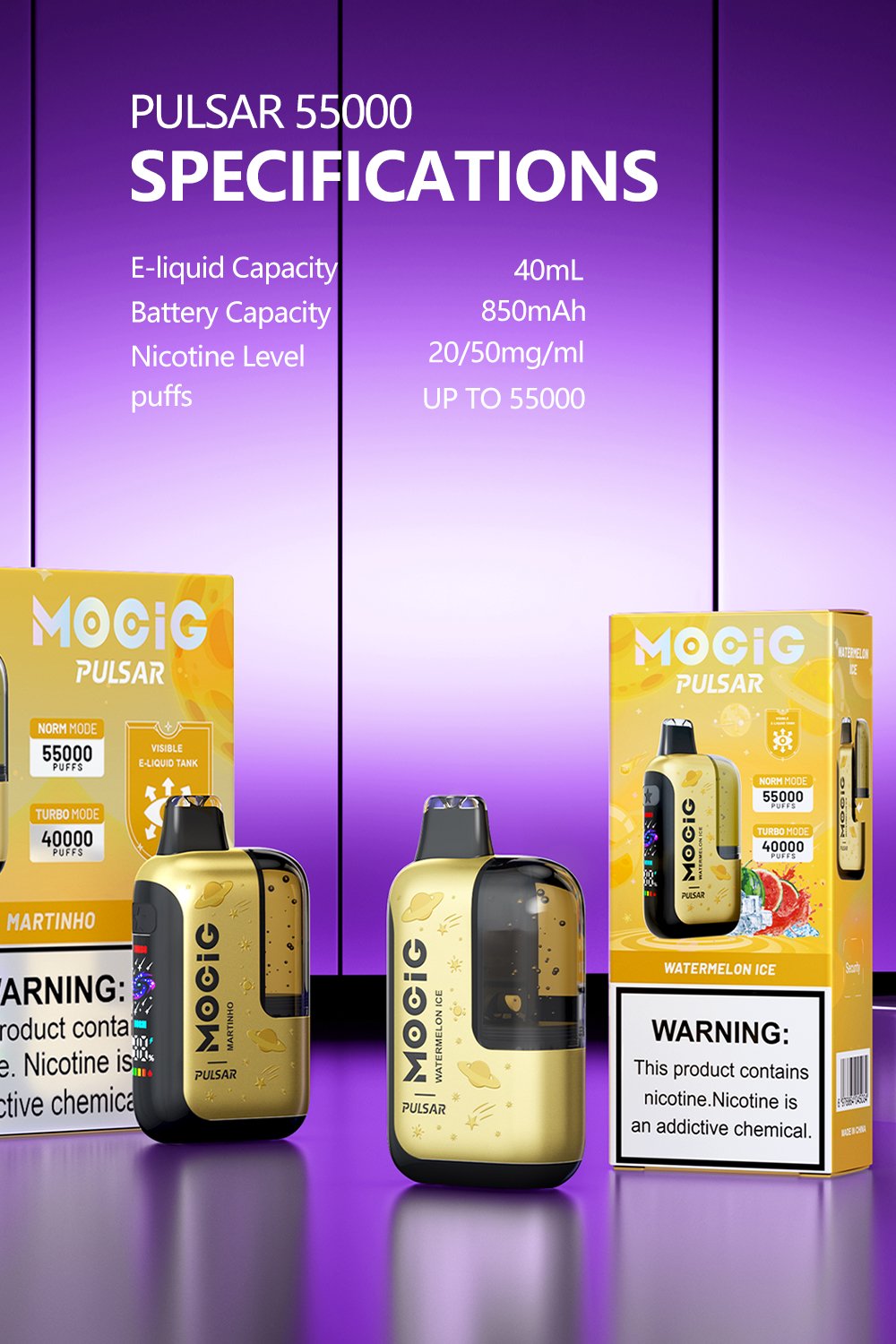 Mocig Disposable Vape Pulsar three Mesh Coil Visualized Tank Smart Screen 55K Puffs E-liqiud Capacity Nicotine 0% 2% 5% Electronic cigarette