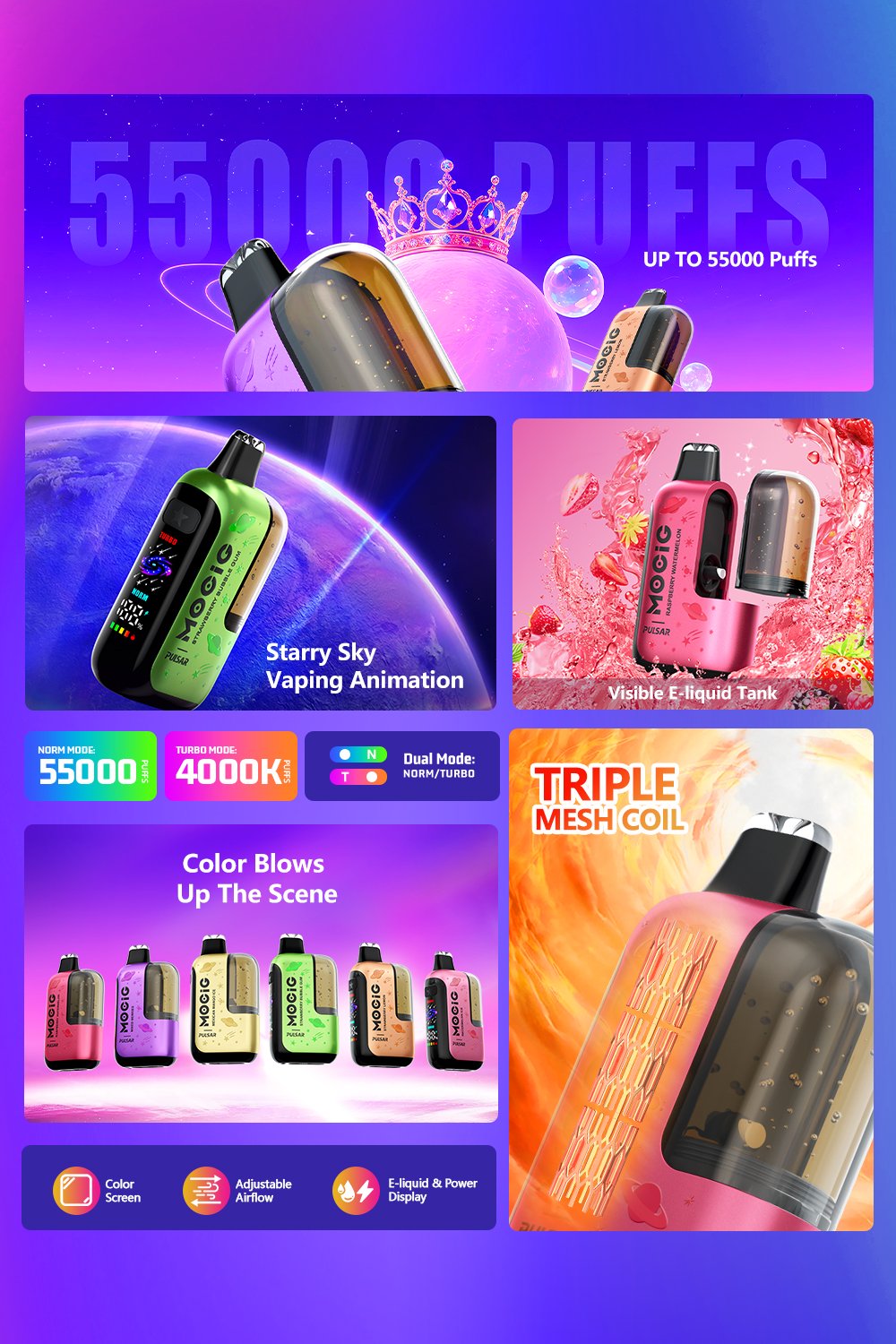 Mocig Disposable Vape Pulsar three Mesh Coil Visualized Tank Smart Screen 55K Puffs E-liqiud Capacity Nicotine 0% 2% 5% Electronic cigarette