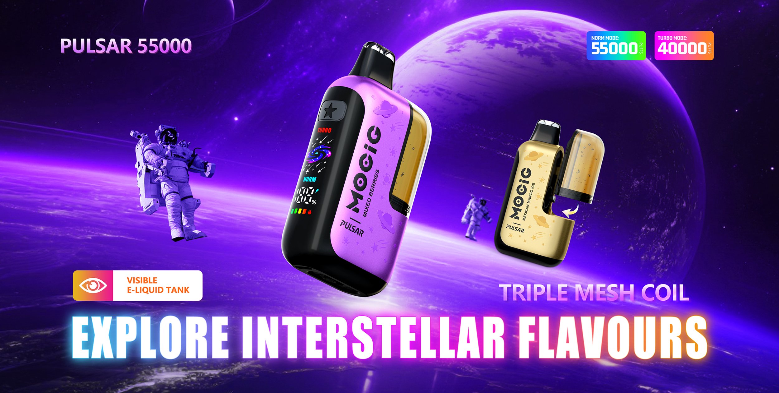 Mocig Disposable Vape Pulsar three Mesh Coil Visualized Tank Smart Screen 55K Puffs E-liqiud Capacity Nicotine 0% 2% 5% Electronic cigarette