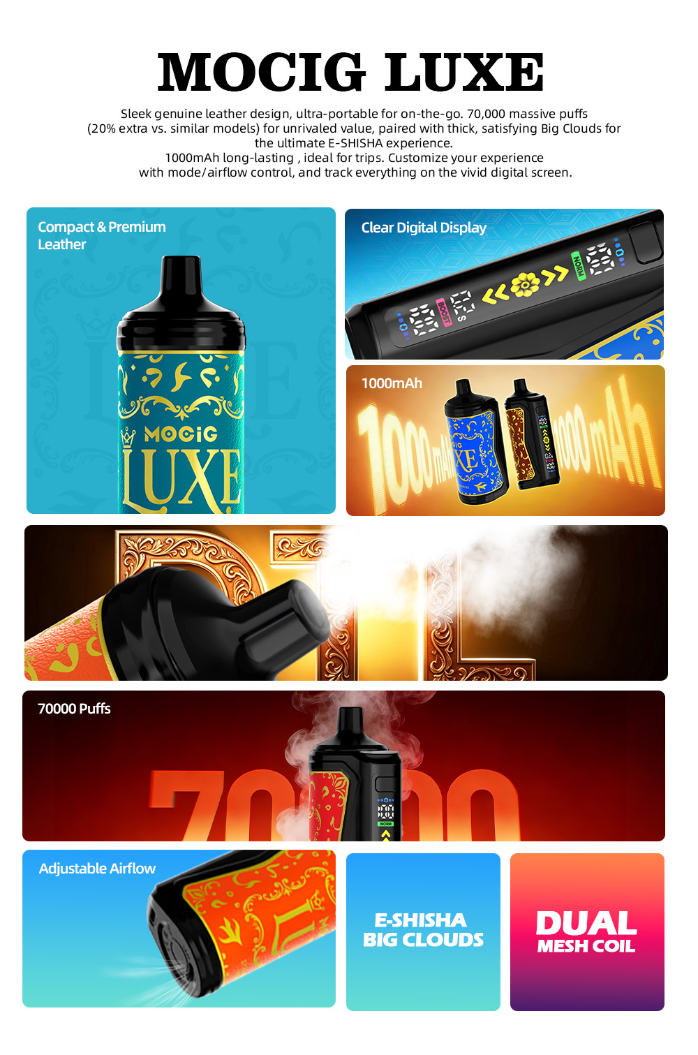 Mocig Disposable Vape LUXE SHISHA DTL E-SHISHA Big Smart LED Screen 70K Puffs E-liqiud Capacity Nicotine 0% 2% 5% Electronic cigarette
