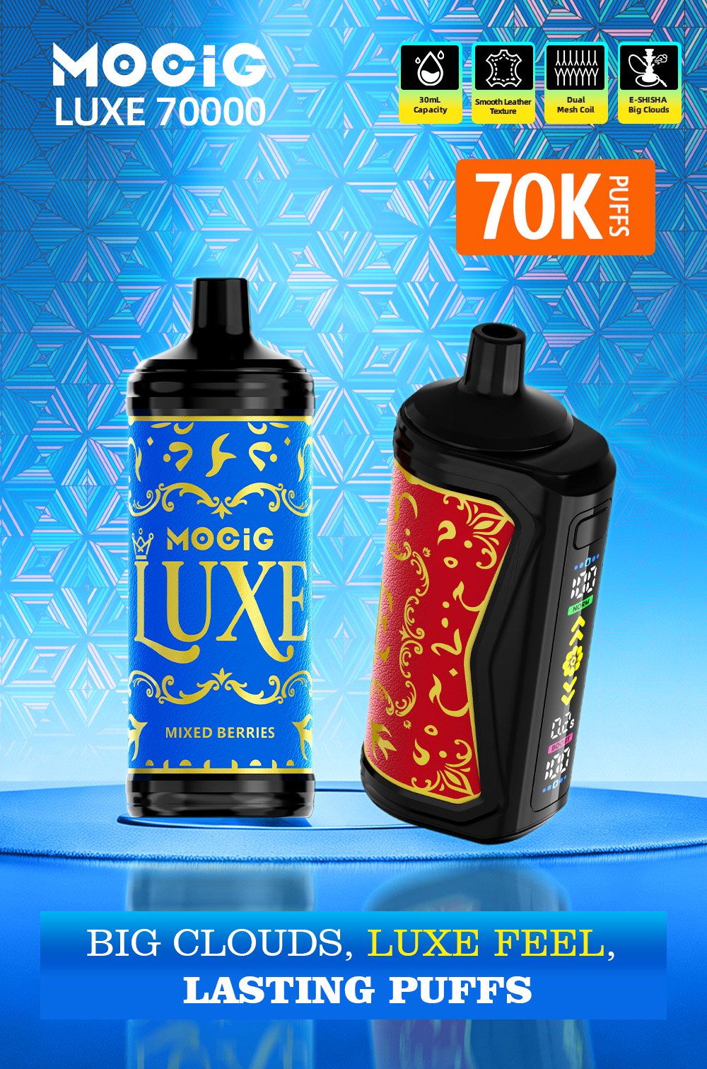 Mocig Disposable Vape LUXE SHISHA DTL E-SHISHA Big Smart LED Screen 70K Puffs E-liqiud Capacity Nicotine 0% 2% 5% Electronic cigarette