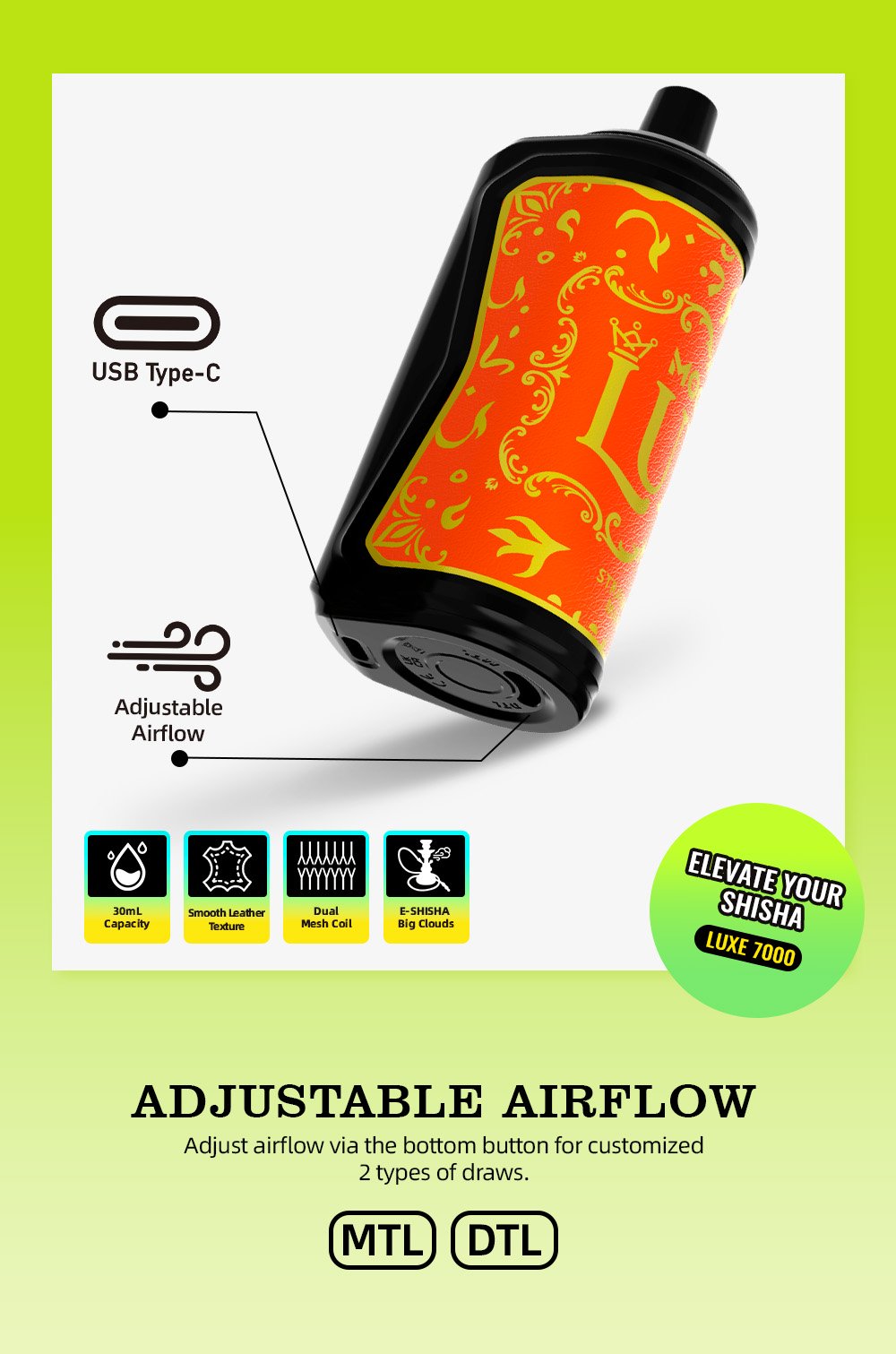 Mocig Disposable Vape LUXE SHISHA DTL E-SHISHA Big Smart LED Screen 70K Puffs E-liqiud Capacity Nicotine 0% 2% 5% Electronic cigarette