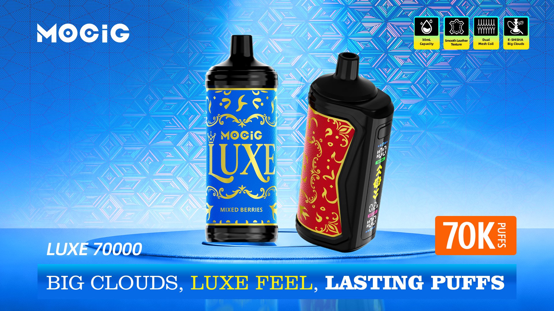 Mocig Disposable Vape LUXE SHISHA DTL E-SHISHA Big Smart LED Screen 70K Puffs E-liqiud Capacity Nicotine 0% 2% 5% Electronic cigarette