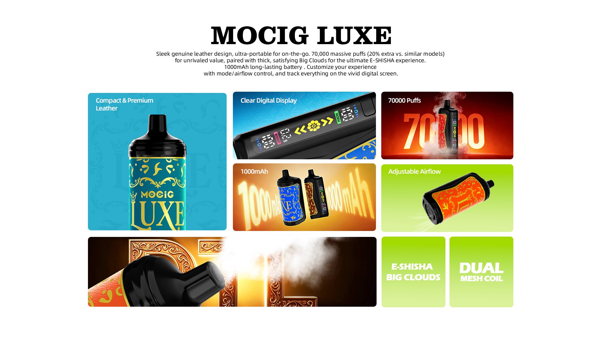 Mocig Disposable Vape LUXE SHISHA DTL E-SHISHA Big Smart LED Screen 70K Puffs E-liqiud Capacity Nicotine 0% 2% 5% Electronic cigarette