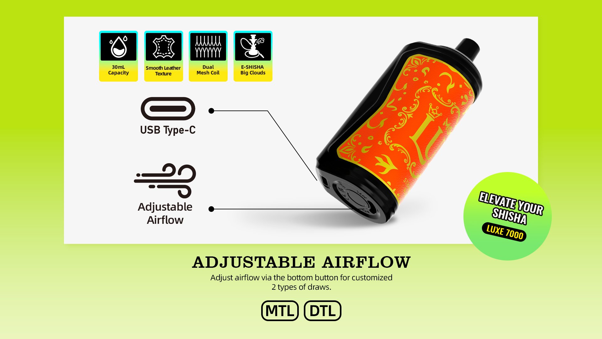 Mocig Disposable Vape LUXE SHISHA DTL E-SHISHA Big Smart LED Screen 70K Puffs E-liqiud Capacity Nicotine 0% 2% 5% Electronic cigarette