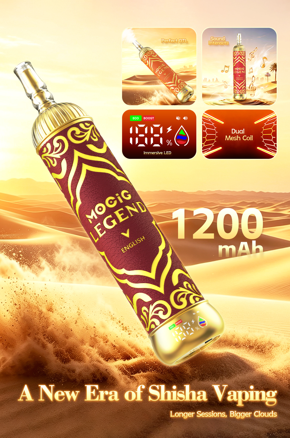 Mocig  Legend SHISHA DTL E-SHISHA Disposable Vape Big Cloud Smart LED Screen 120K Puffs E-liqiud Capacity Nicotine 0% 2% 5% Electronic cigarette
