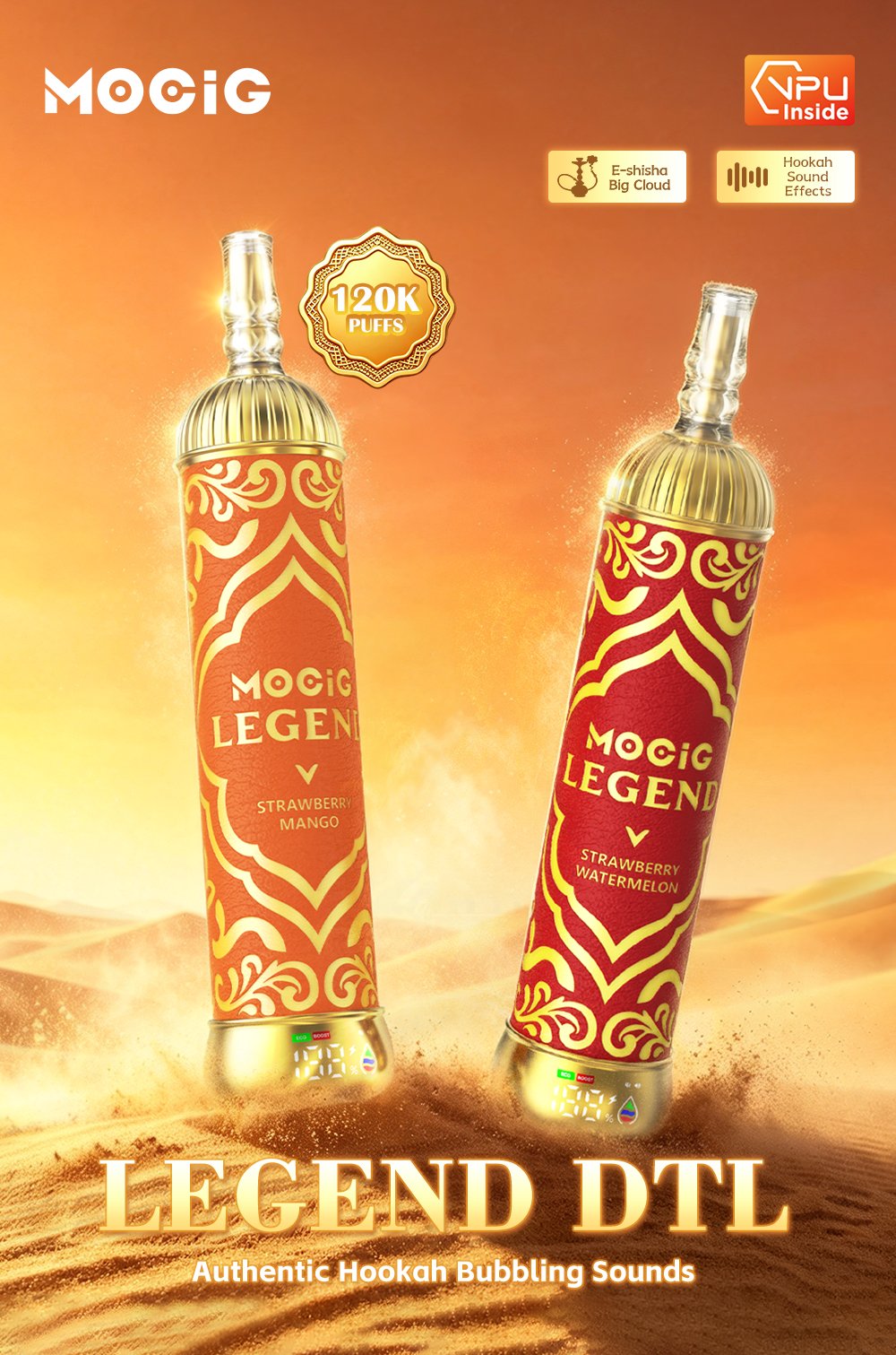 Mocig  Legend SHISHA DTL E-SHISHA Disposable Vape Big Cloud Smart LED Screen 120K Puffs E-liqiud Capacity Nicotine 0% 2% 5% Electronic cigarette
