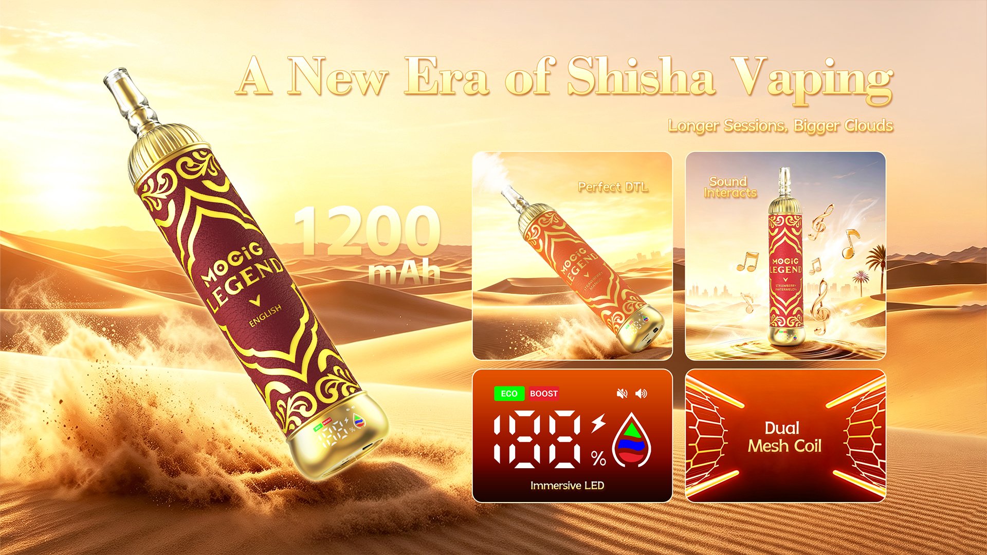 Mocig  Legend SHISHA DTL E-SHISHA Disposable Vape Big Cloud Smart LED Screen 120K Puffs E-liqiud Capacity Nicotine 0% 2% 5% Electronic cigarette