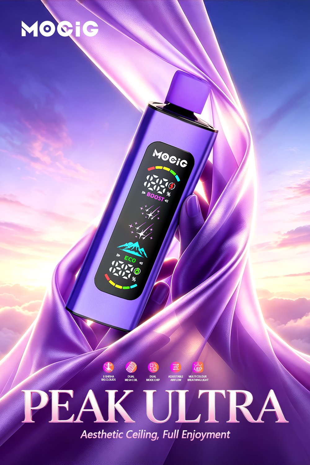 Mocig Disposable Vape PEAK Ultra DTL E-SHISHA Big Smart LED Screen 80K Puffs E-liqiud Capacity Nicotine 0% 2% 5% Electronic cigarette