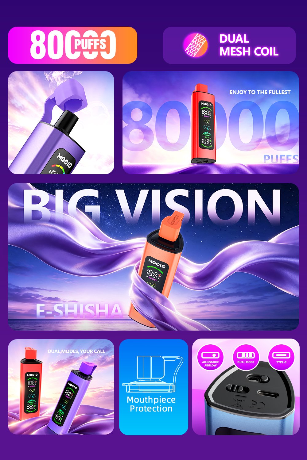 Mocig Disposable Vape PEAK Ultra DTL E-SHISHA Big Smart LED Screen 80K Puffs E-liqiud Capacity Nicotine 0% 2% 5% Electronic cigarette